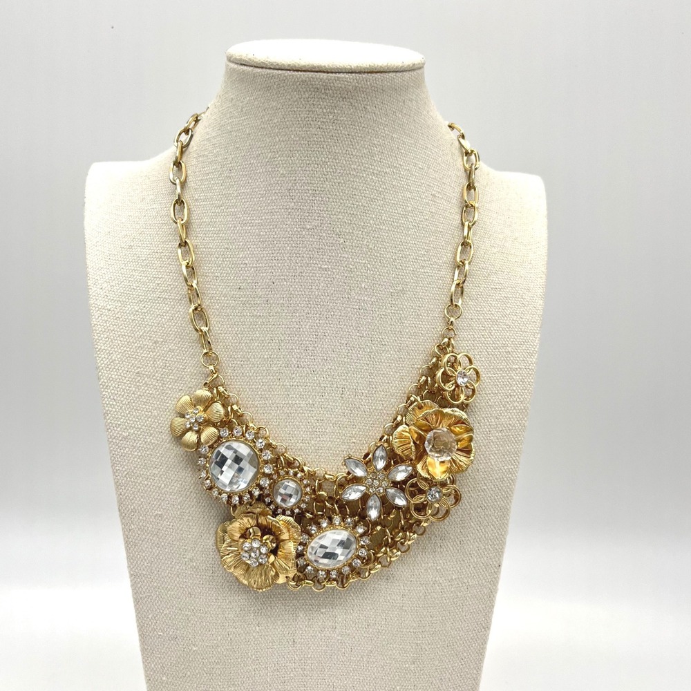 Gold Tone Clutter Statement Necklace Multi‎ Gem Embellished Bib Style Choker